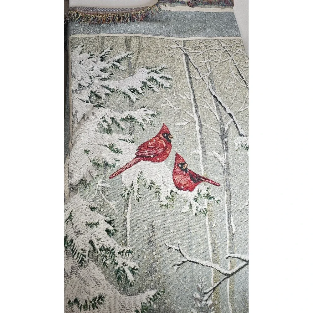 Vintage Woven Tapestry Throw Blanket Red Cardinals Winter Snow Scene Fringe Edge